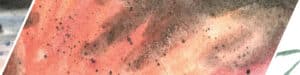 The image on the left shows black, blue and red watercolors. The image in the center shows red, orange and gray watercolors, messy and splattered. The image on the right shows a glimpse of green lines.