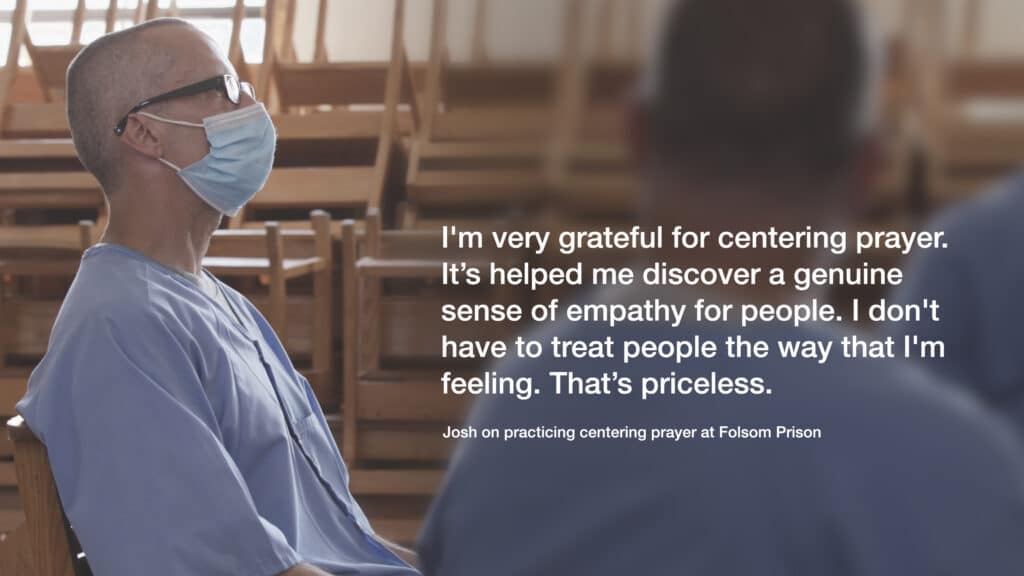 Photo of a man wearing a mask and praying with a quote about feeling grateful for centering prayer.