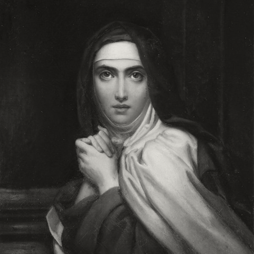 Black and white portrait of mystic St. Teresa of Ávila in prayer, her hands clasped, evoking spiritual devotion and historical art.